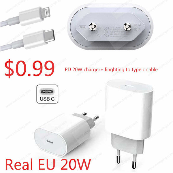 Eutoping Real 20W PD USB-C to Lightning Wall Charger Fast Charging EU Plug Charger Travel Power Adapter