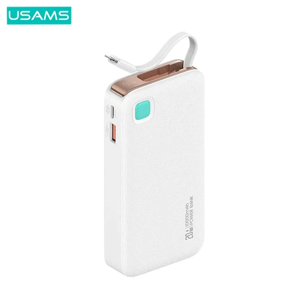 外部バッテリ_ パワ_バンク USAMS CD224 高速充_ 20W (デジタル ディスプレイ & 格_式 Type-C ケ_ブル付き) 10000mAh ホワイト