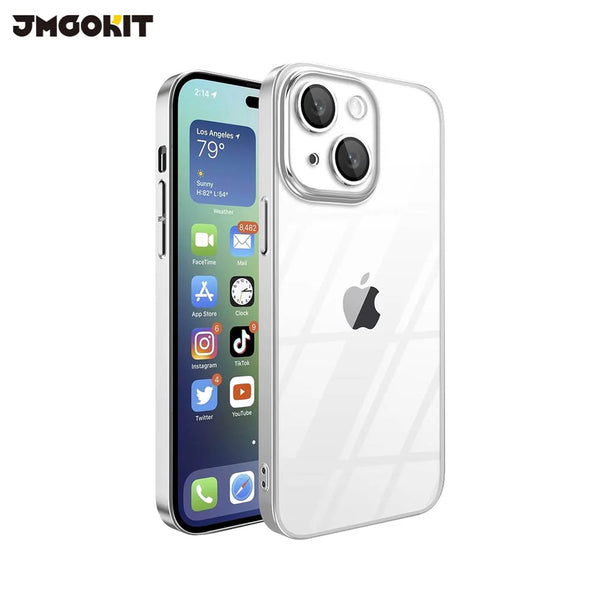 JMGOKIT Funda protectora de cristal para Apple iPhone 15 Plus Plata