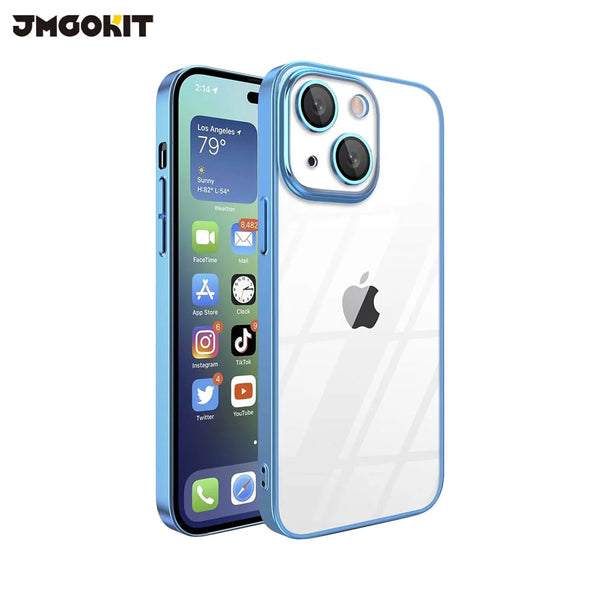 JMGOKIT Crystal Glass Protective Case for Apple iPhone 15 Plus Blue