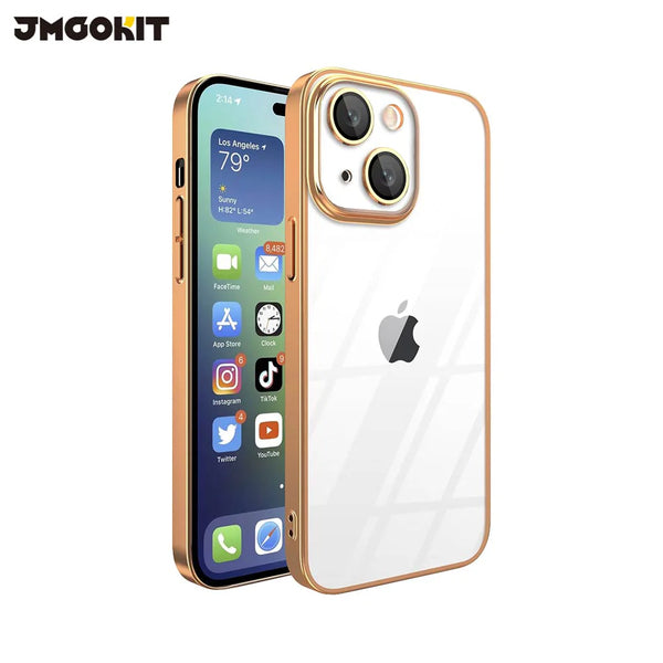 Funda protectora de cristal JMGOKIT para Apple iPhone 15 Plus dorada